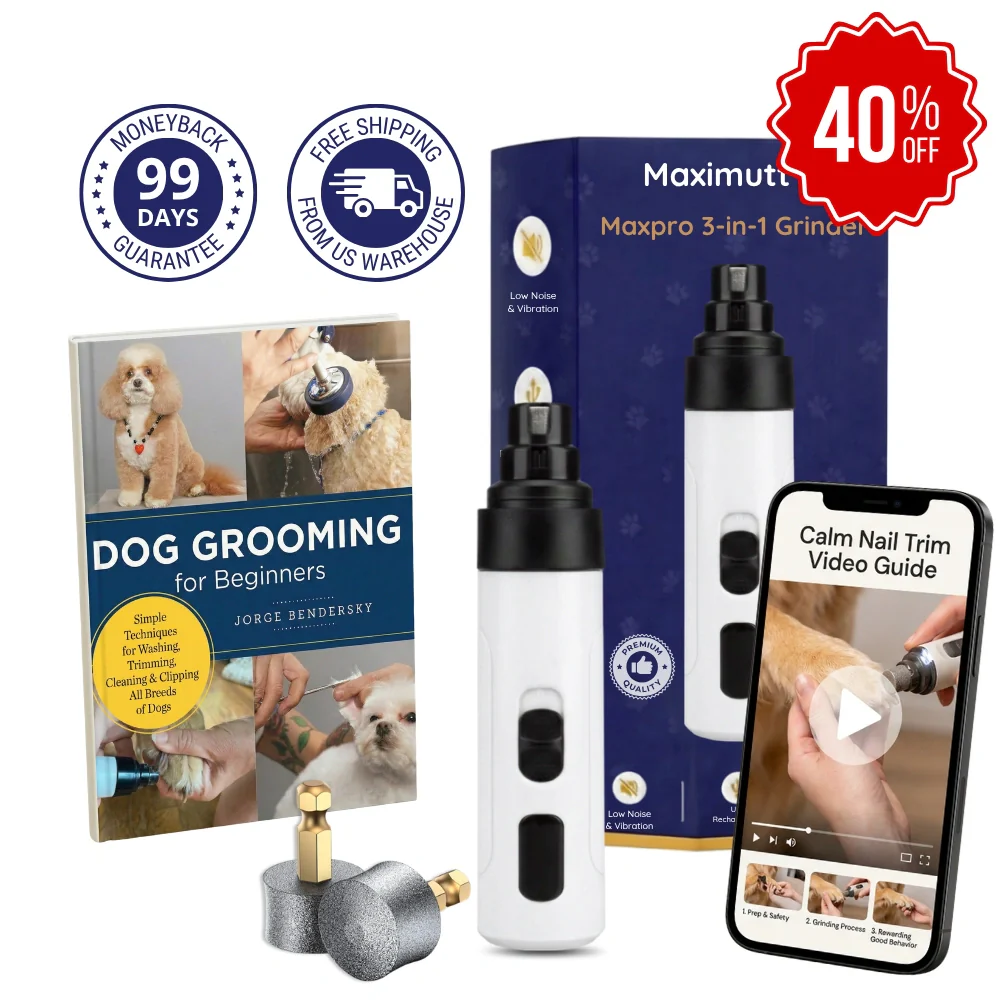 MaxPro 3-in-1 Grinder bundle: 99-day guarantee, free US shipping, grooming book, bonus drums, and a calm-trim video guide