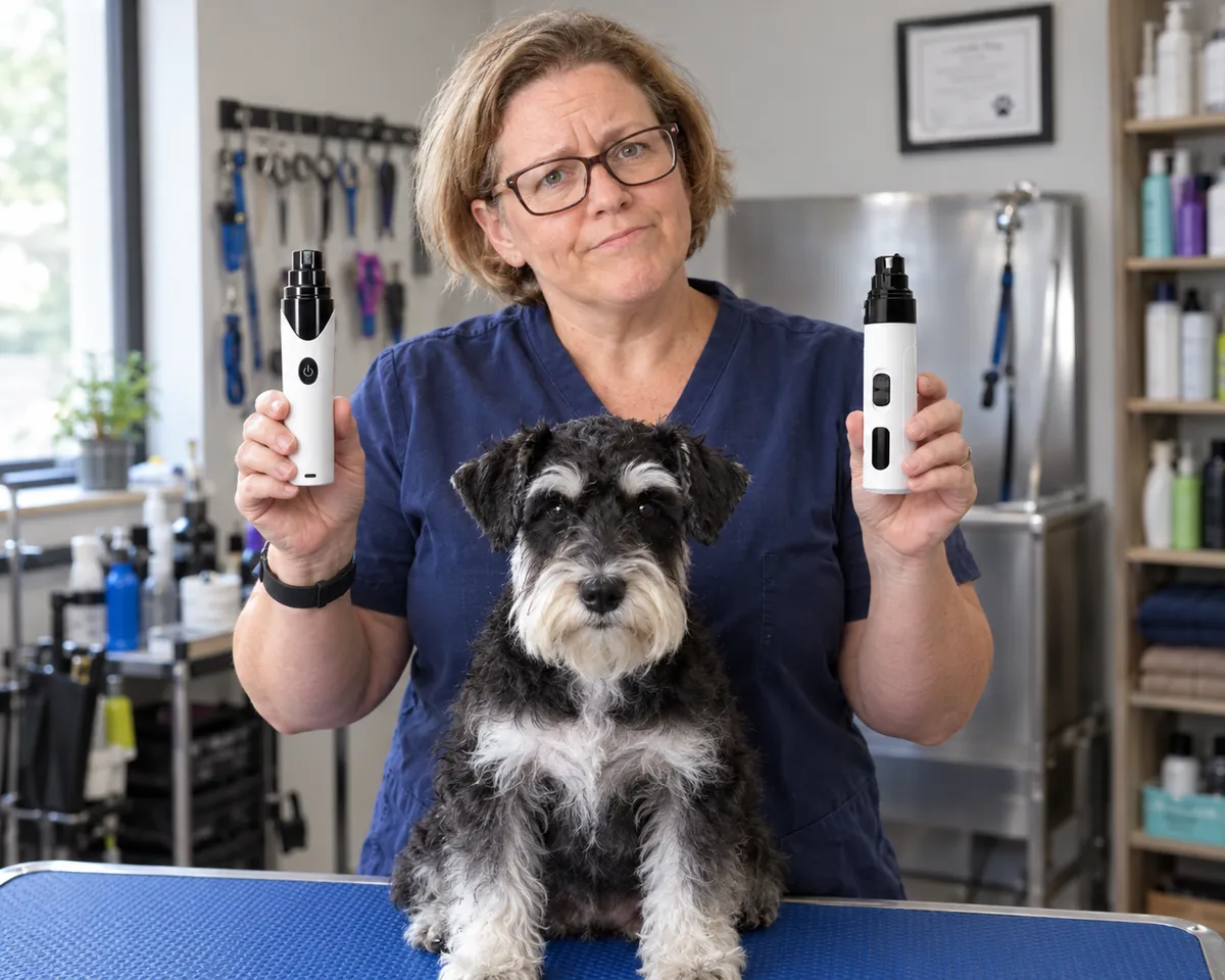 Groomer Dana holding the Heusom grinder and the Maxpro 3-in-1 Grinder side by side, deciding which one is better, with a schnauzer on the grooming table