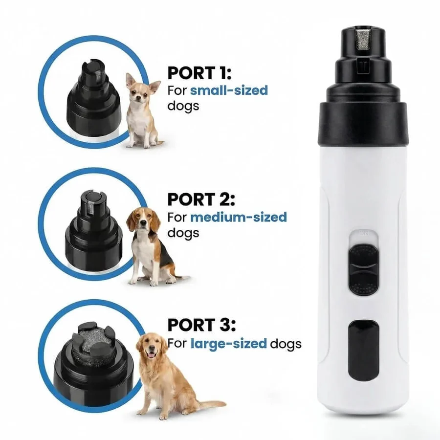 Maxpro 3-in-1 Grinder with three grinding ports: port 1 for small dogs, port 2 for medium dogs, port 3 for large dogs